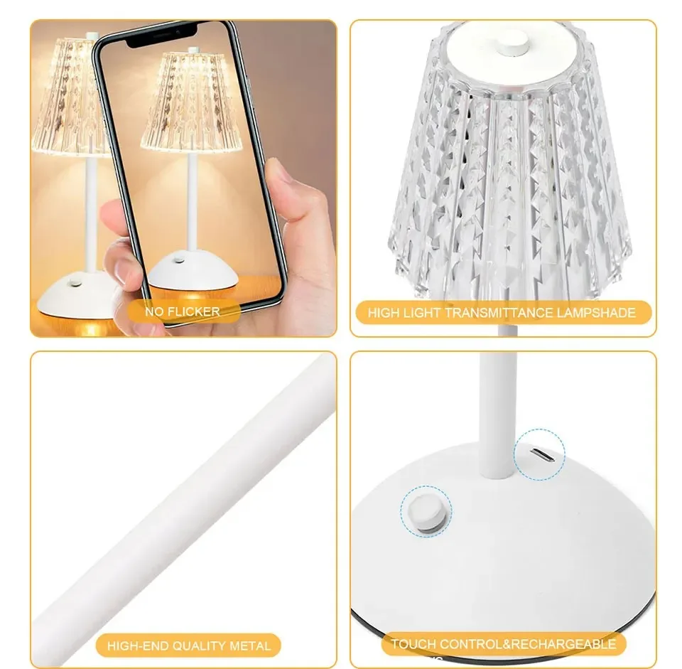 Crystal LED Table Lamp Touch Sensor Dimming Rechargeable Desk Lamp 3 Colors Bedside Lamp Bar Hotel Decoration Night Light - Image 5