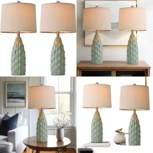 Pair of 23.75 Modern Farmhouse Ceramic Table Lamps - Green Bedroom Nightstand Lights, Boho Decor for Living Room and Office Desk
