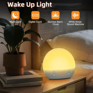 Digital Alarm Clock with Sunrise Simulation Dimmable Night Light White Noise Sound Machine with 30 Soothing Sound for Home Decor