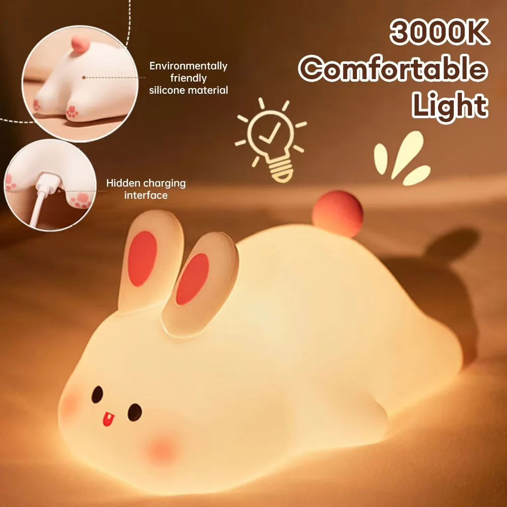 Cute Bunny Cartoon Night Light - USB Rechargeable Touch Dimming, Children's Bedside Sleep Gift